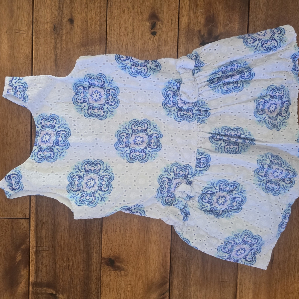 White and Blue Patterned Sleeveless Dress